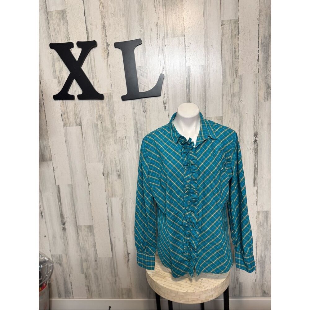 New York & Company Stretch Plaid Ruffle Button Up Blouse XL Teal Long Sleeve Top